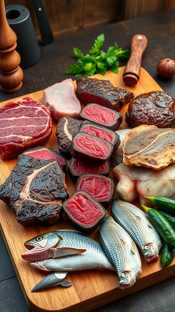 An assortment of meats including steak, chicken, and fish on a wooden board in a rustic kitchen.